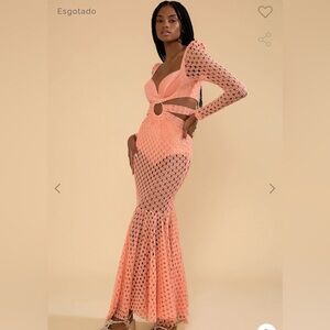 ISO Coral Crochet Cutout Mermaid Maxi Beach Dress